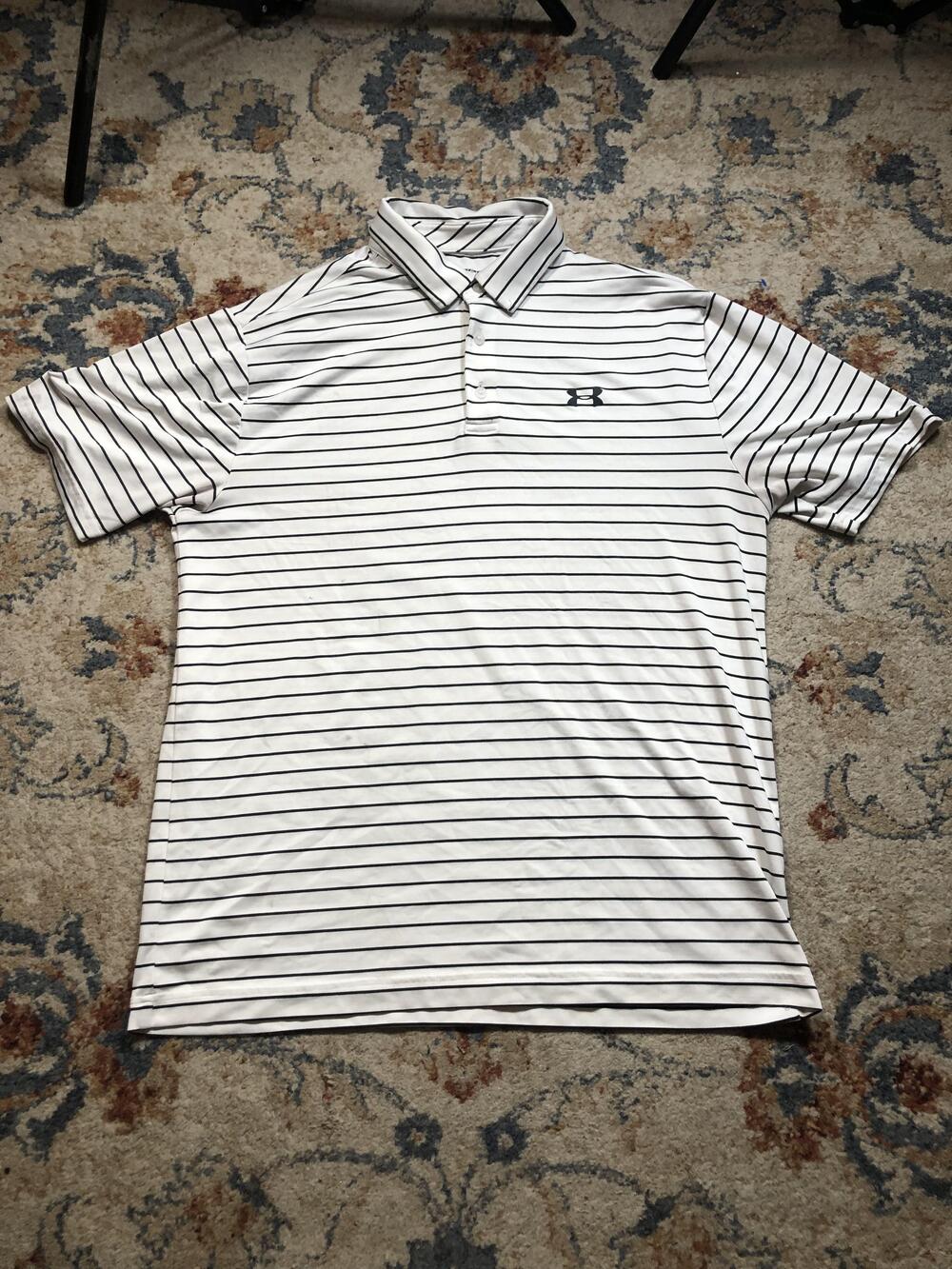 Under Armour Polo Shirt Mens Large White Black Striped Playoff HeatGear Golf